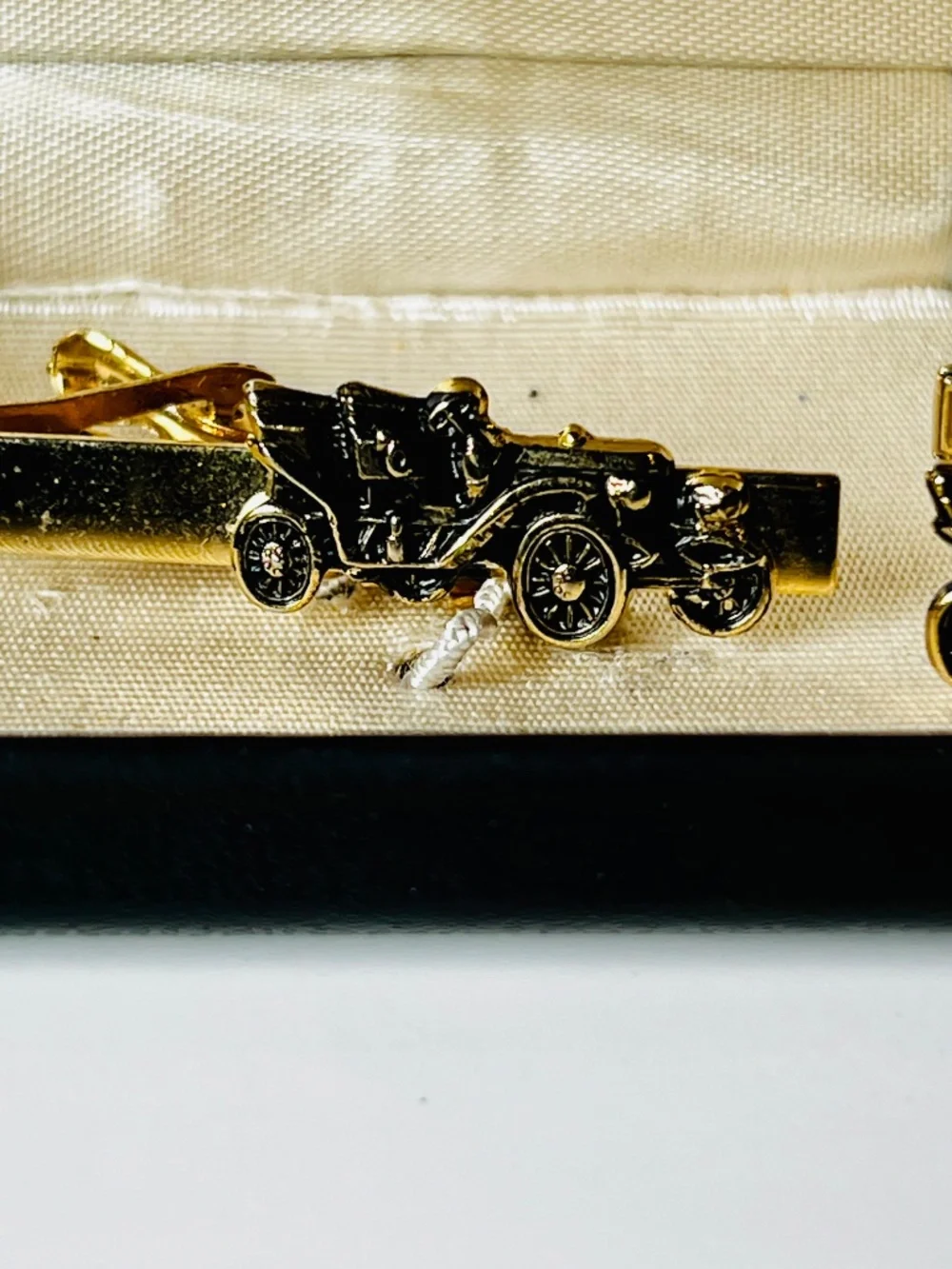 Vintage Gold Tone Antique Car Cufflinks & Tie Clasp Set